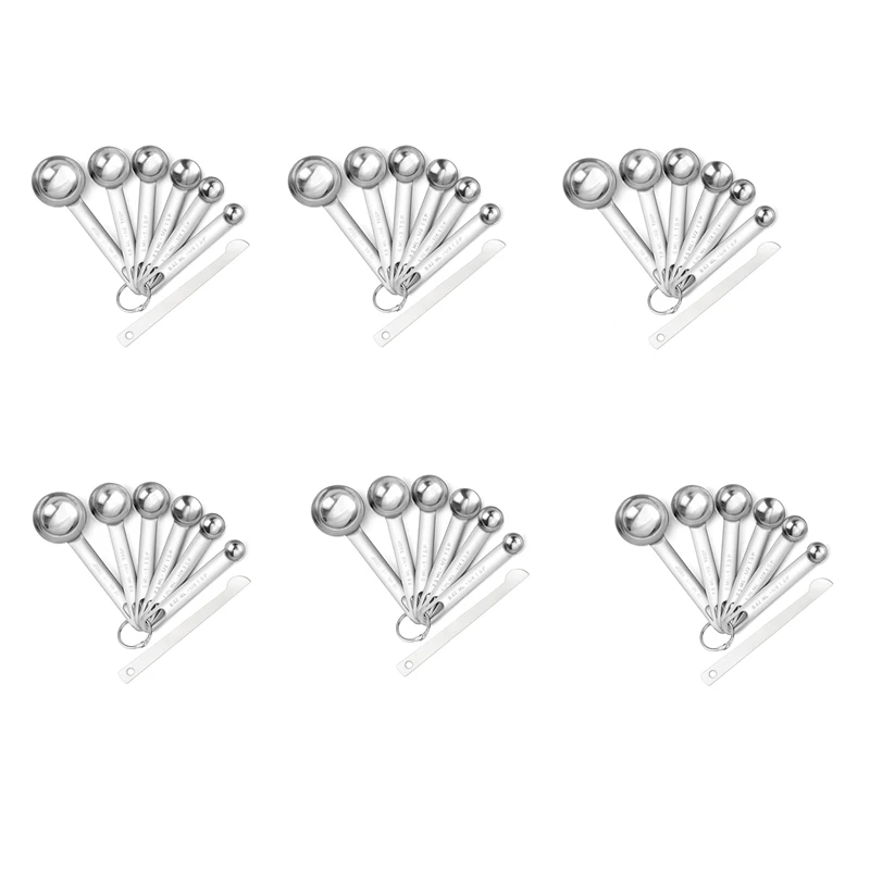 

6X Stainless Steel Measuring Spoons Cups Set, Small Tablespoon, Teaspoons, Set 6 With Bonus Leveler, For Dry And Liquid