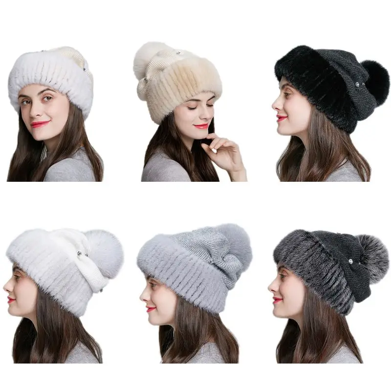 

Y1UB Warm Mink Fur Knit Cuffed Beanie Ski Beanie Hat Knit Women Hat Slouchy Bonnets