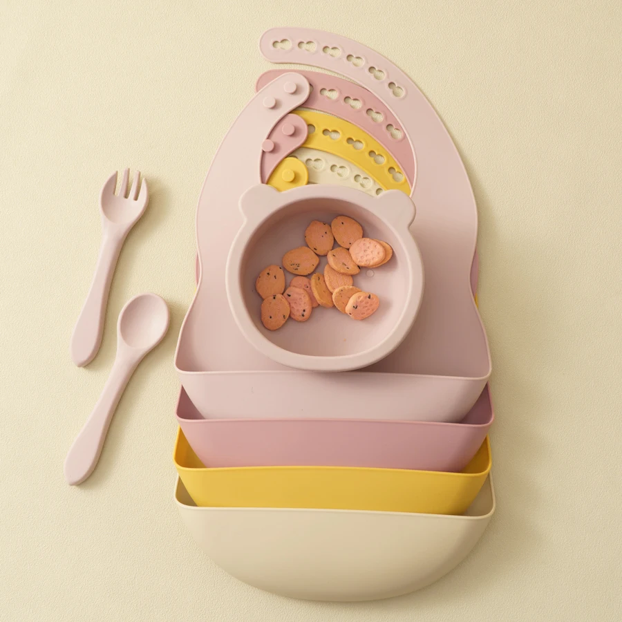 Mamaplan Baby Silicone Feeding Dishes Plate Sucker Bowl Waterproof Bib Solid Color Spoon Fork Children's Tableware Baby Stuff 2