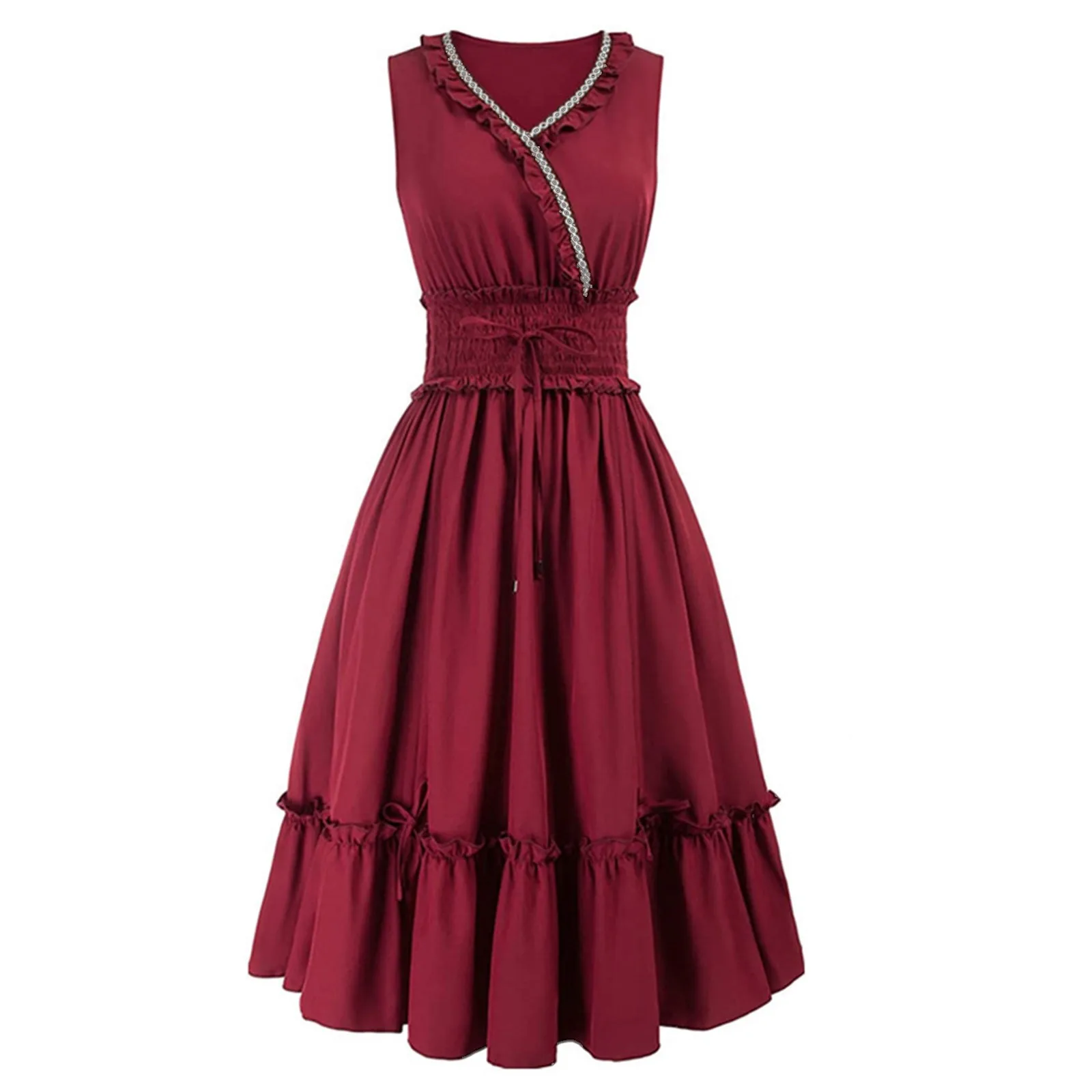 

Medieval Retro Gothic Style Belted Dress Women V Neck Pleated Solid Vintage Dress Sleeveless High Waist Party Dresses For Women