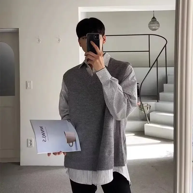 

Knitted Sweaters for Men Brown V Neck Man Clothes Solid Color Vest Waistcoat Sleeveless Plain New in Korean 2023 Autumn Casual X