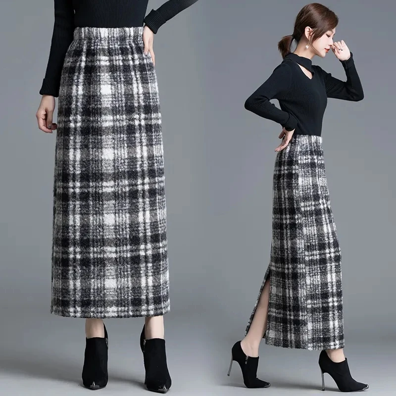 

Vintage Thickened Slim Plaid woolen Straight Tube Skirt Women Clothing 2023 Autumn Winter New Skirts High Waisted Long Skirt 72