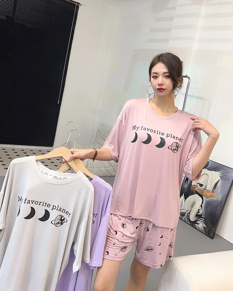 

Pajama Women's Summer New Modal Thin Short-sleeved Shorts Women's Summer Casual Lovely Loose Starry Sky Home Wear Women Crewneck