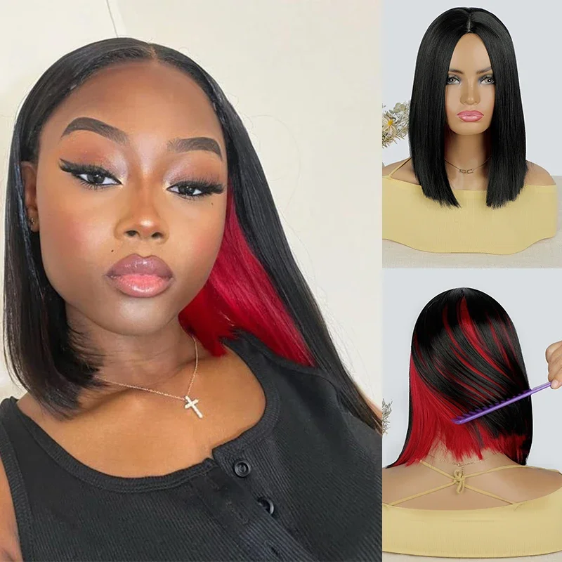 Short Straight Hair Bob Wigs for Women 12'' Middle Part Wig Highlight Red Bob Wig Natural Synthetic Straight Lolita Cosplay Wig