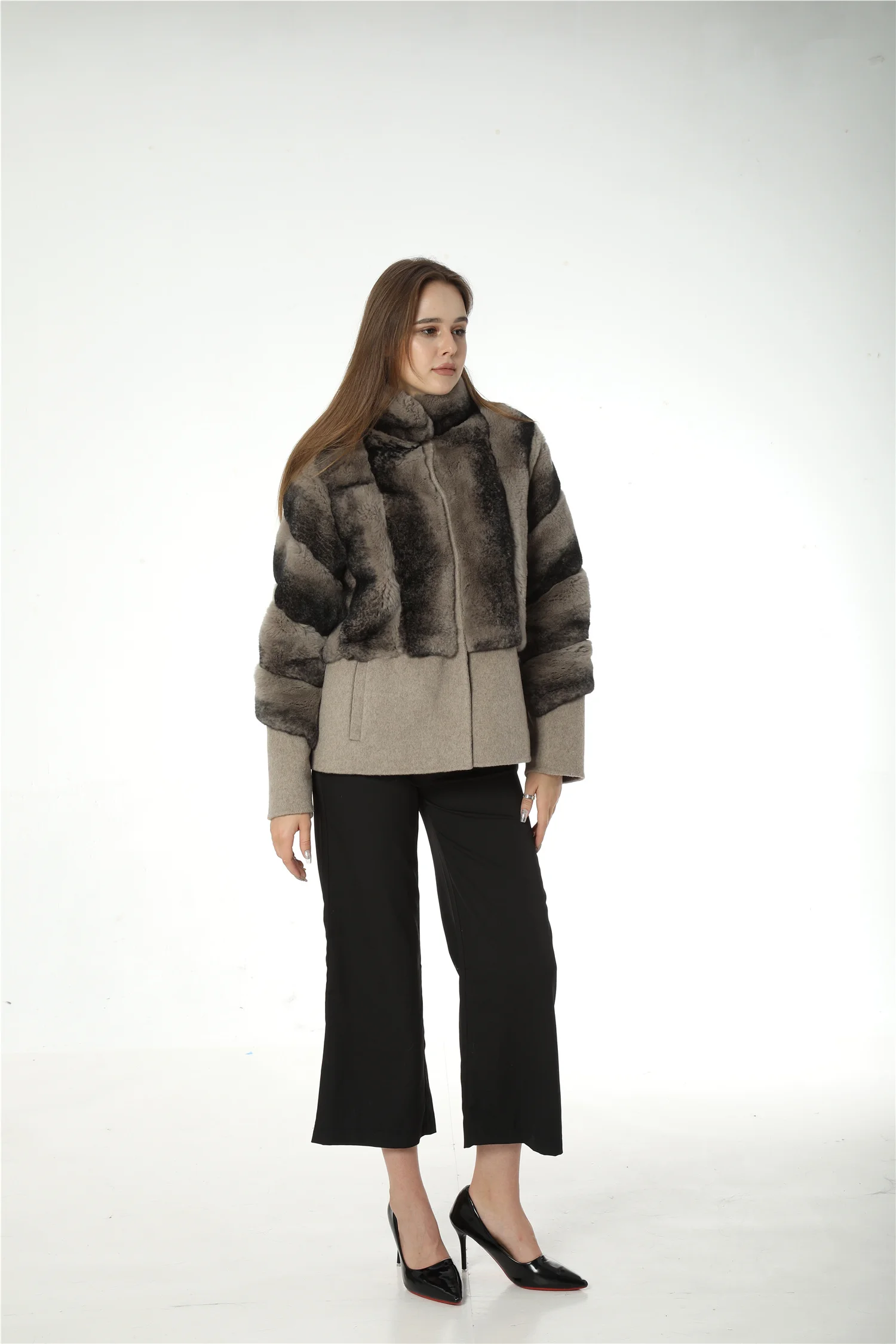 striped real Rex rabbit fur jacket black and white fur coat with wool 100% hem 220612 patchwork  luxury