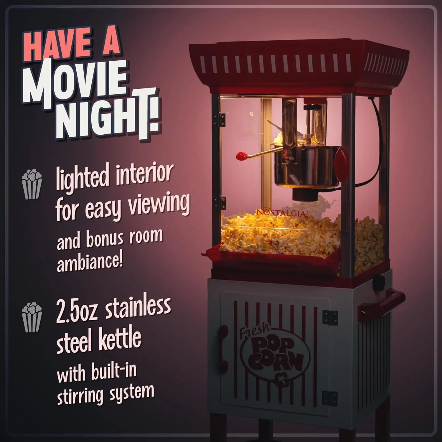 Popcorn Maker Machine-Professional Cart With 2.5 Oz Kettle Makes Up to 10 Cups-Vintage Popcorn Machine Movie Theat