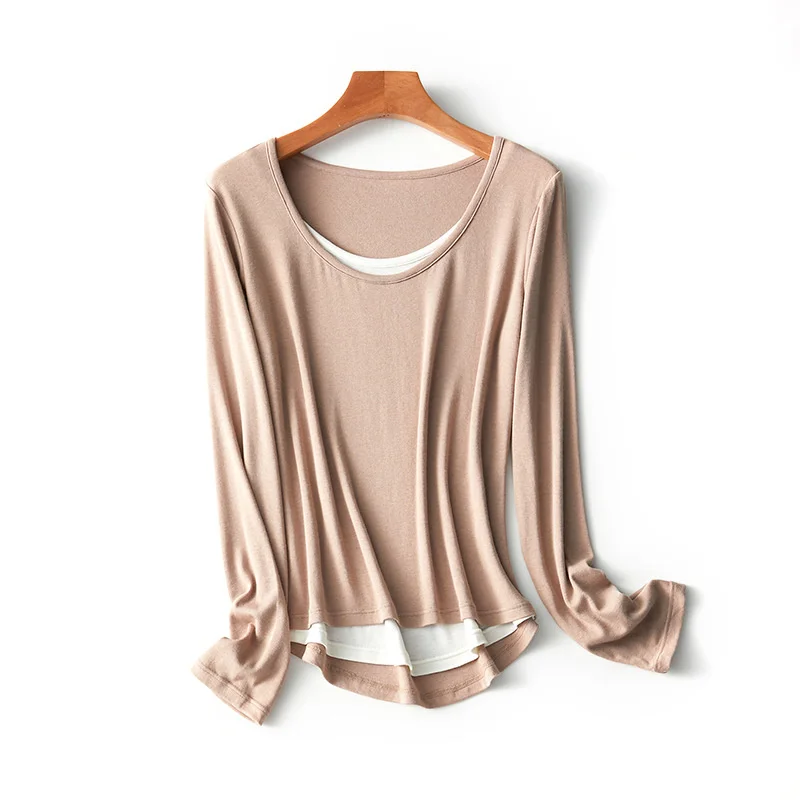 

2023 Autumn Mulberry Silk Wool Fake Two Pieces T-shirt Women Soft High Elasticity Long Sleeve Tops