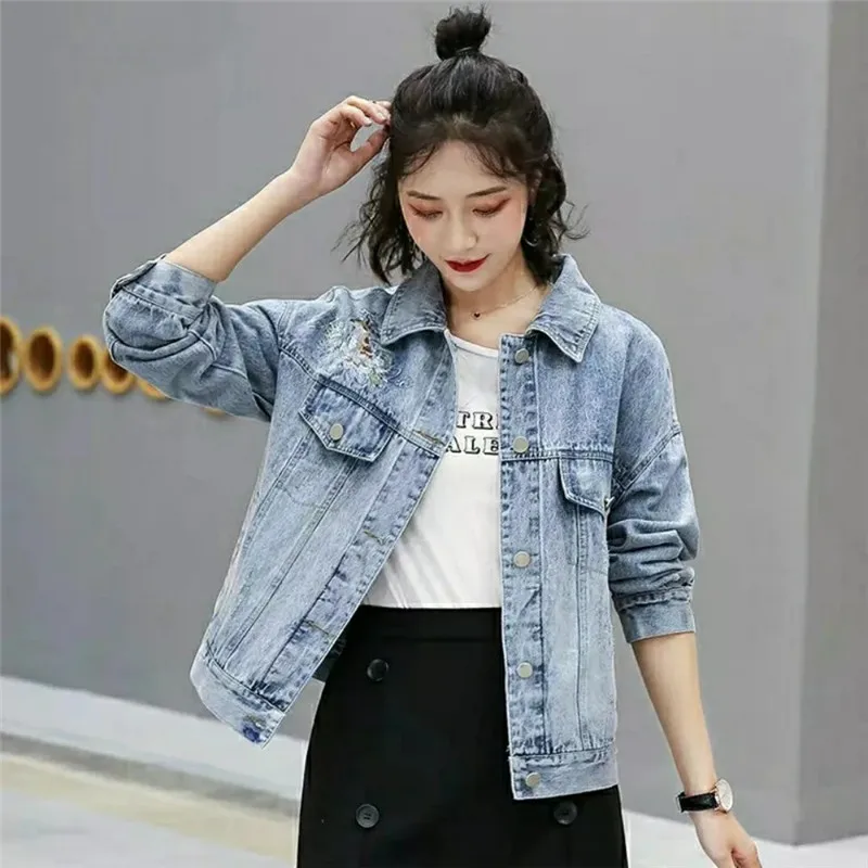 

Vintage Short Denim Coat Female 2024 Spring Autumn New Student Long Sleeve Loose Embroidery Jeans Jacket Female Outerwear B161