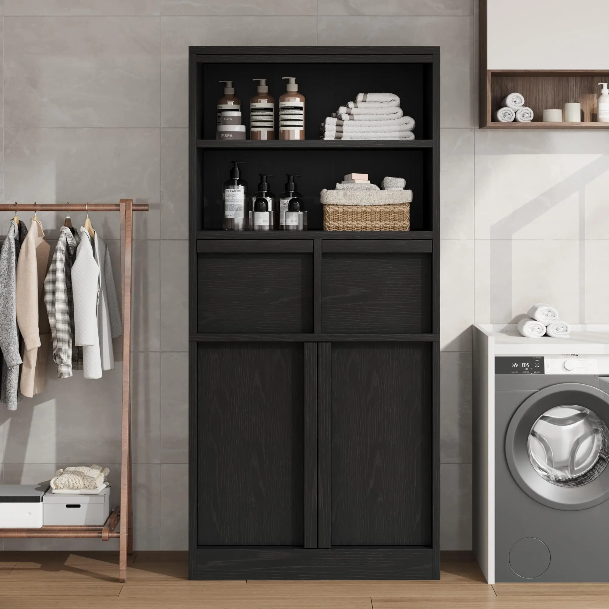 Hoher Aufbewahrungsschrank, Freistehender Buffetschrank mit Schubladen, Türen und Verstellbaren Regalen, Multifunktionaler Organizer – Detail 1