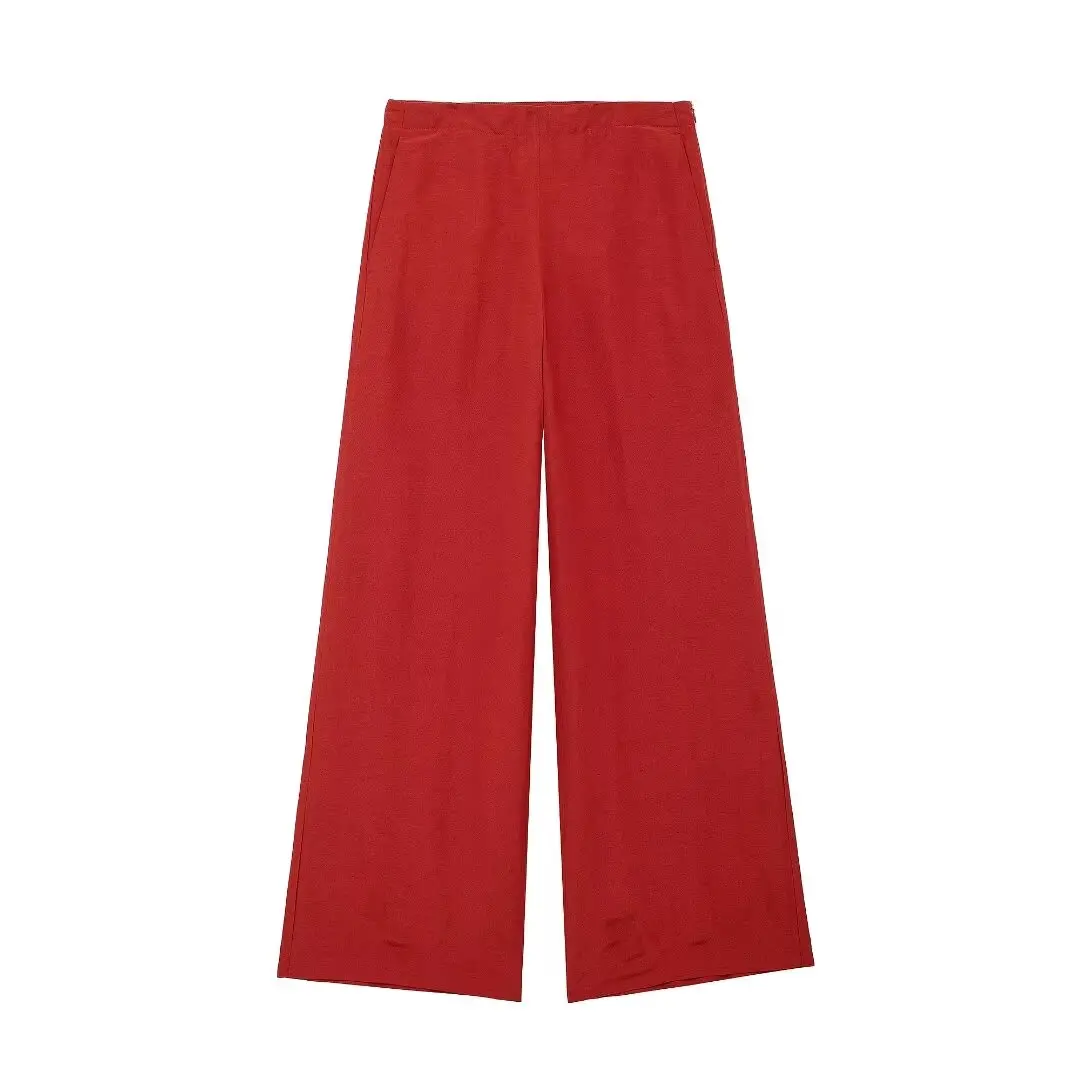 thumbnail image 1 of HH TRAF Pantalones de verano elegantes de mezcla de lino rojo con pierna ancha para mujer, pantalones largos hasta el tobillo con bolsillos y cremallera para oficina para mujer, 1 of 4