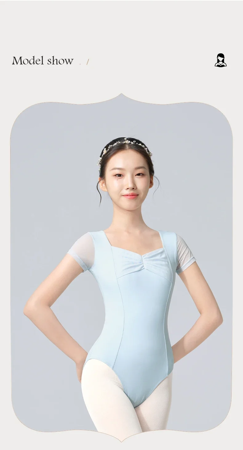 Frauen Ballett Trikots Plissee V-ausschnitt Gymnastik Mesh Splice Ballerina Tanz Yoga Pilates Tanzen Bodys Bademode Trikots – Detail 6