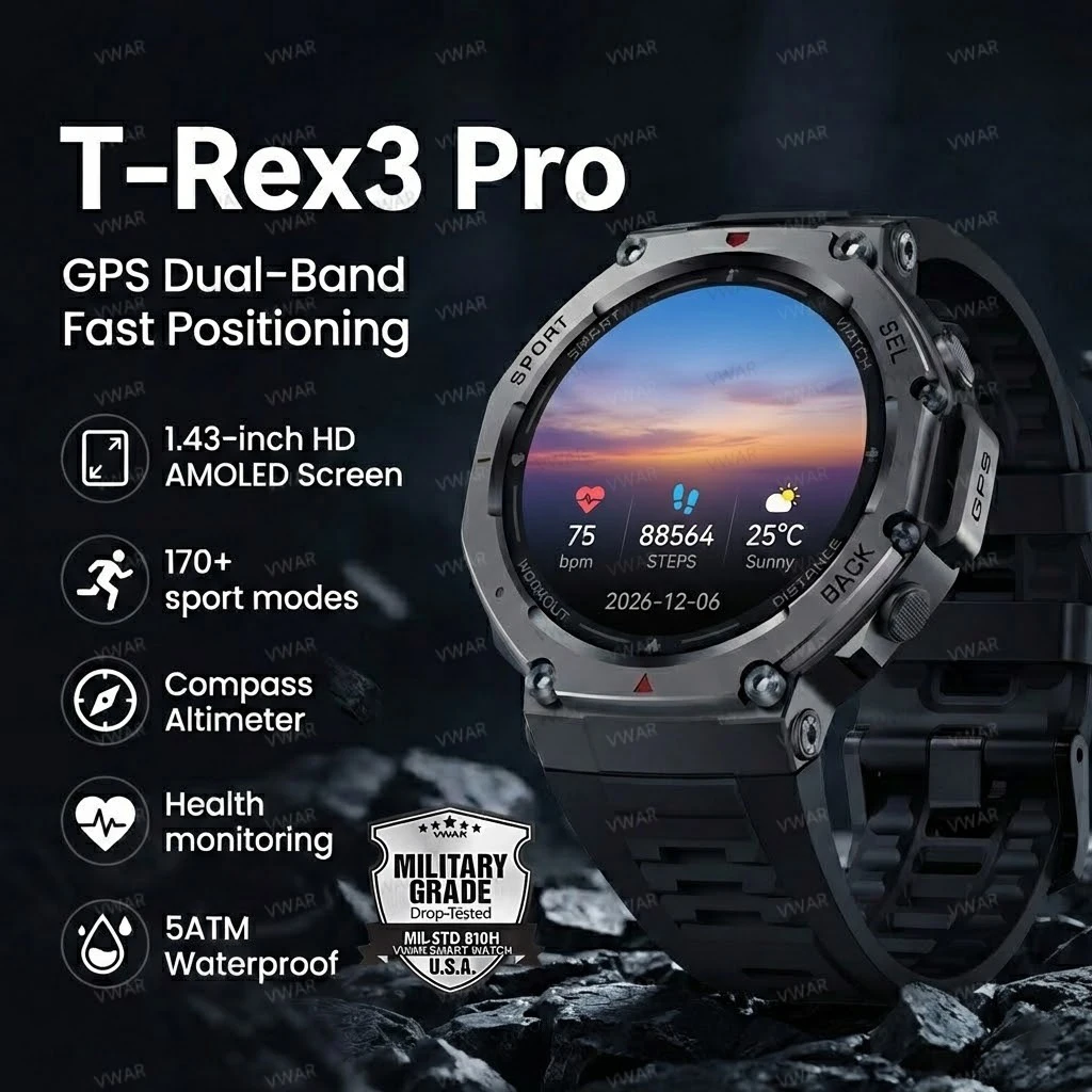 2026 New T-Rex 3 Pro GPS Smart Watch 10ATM&IP69K Waterproof Dual-band GNSS HD AMOLED Compass Original Military Smartwatches Men 1