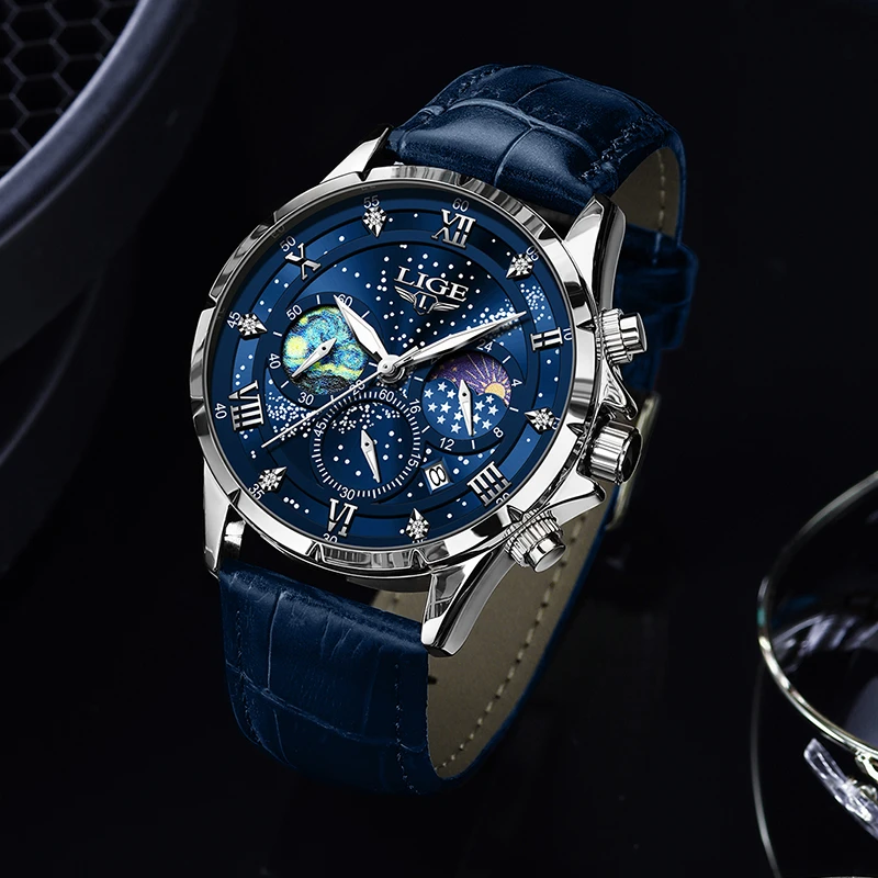 Lige Herren uhr Luxus wasserdichte männliche Uhr Mondphase Datum lässig blau Leder Quarz Armbanduhr Männer Chronograph montre homme