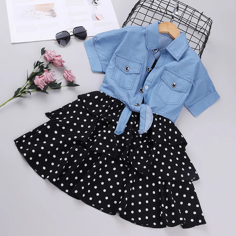 

Girls' suit 2024 Summer new short-sleeved denim jacket children's clothes Princess skirt children's clothes