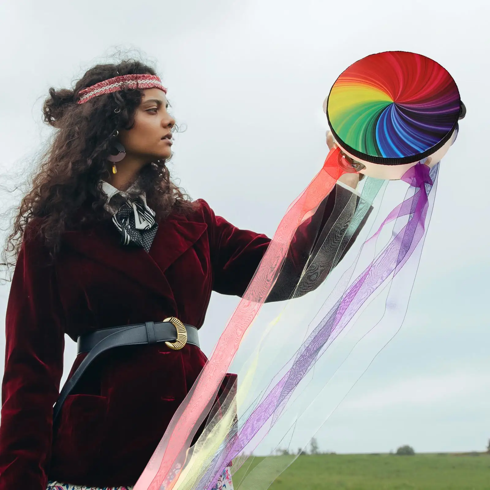 6 Inch Rainbow Ribbon Hand Drum Tambourine Percussion Instrument Classical Dance Stage Performance Portable Kids Adults Musical