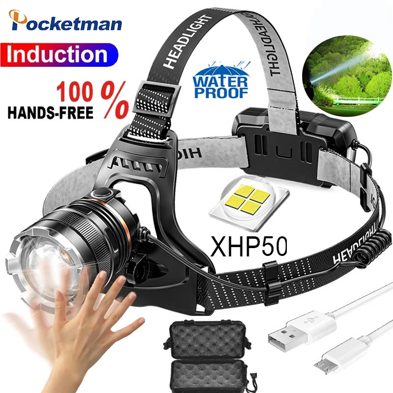 

Most Bright XHP 50 LED Headlamp Waterproof Motion Sensor Rechargeable Head Torch 90° Rotatable Adjustable Runners Camping Lamp