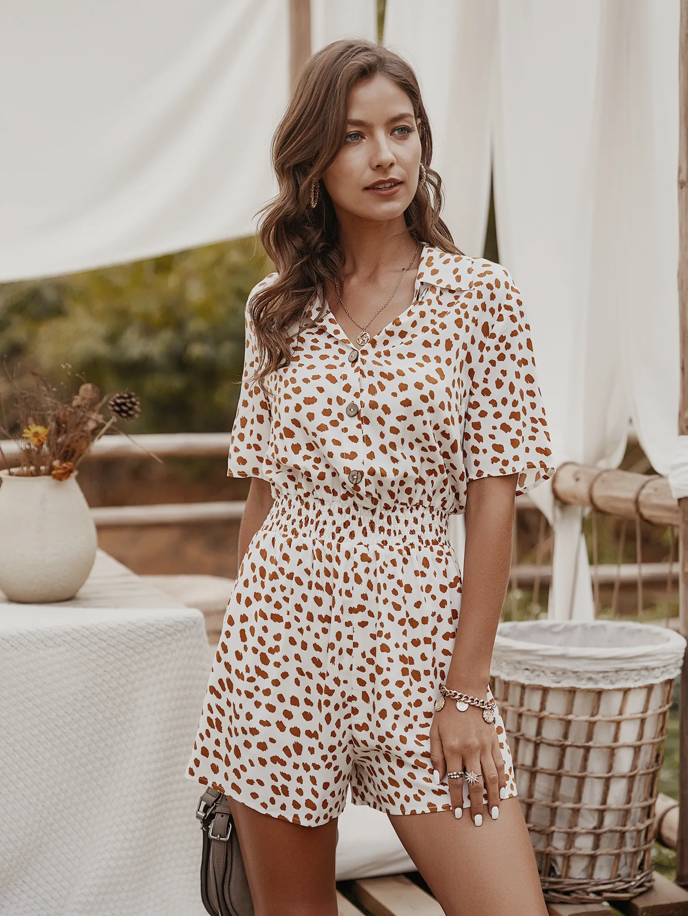 

Summer Casual Short Jumpsuits Women Rompers Small Floral Shirt Overalls Jumpsuit Short Sleeve Wide Leg Loose Fashion Clothes