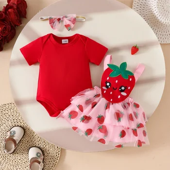 Abbigliamento alla Moda per Bambine, Body Rosso + Vestito con Cuori e Fragole Cartoon, Set Estivo per Neonata