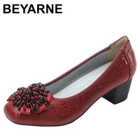 Classic Bow Flower Beaded Printed Genuine Leather Shoes Women High Heel Shoes Fashion All-match Soft Sole Plus Size 1