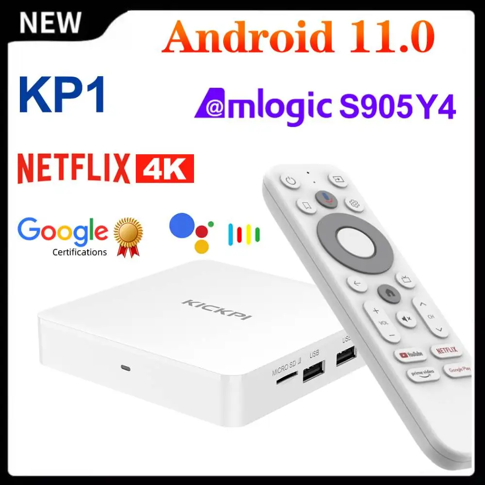 KICKPI KP1 Google Netflix TV Box Android 11 Amlogic S905Y4 Media Player 4K Set Top Box Android 11.0 2G32G AV1 2.4G&5G Wifi BT5.0