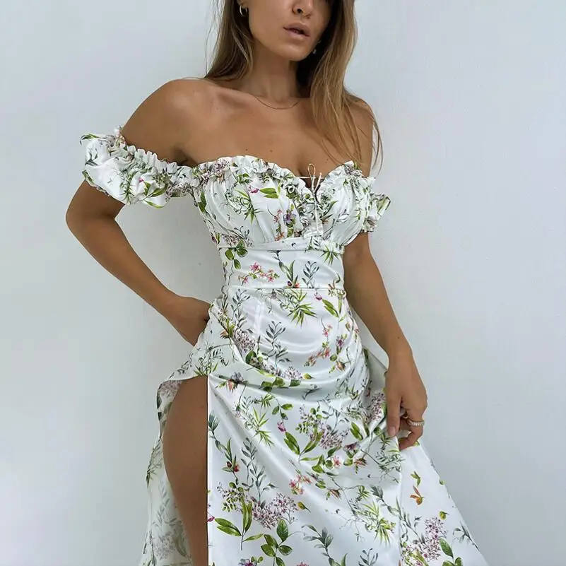 

2023 Summer Floral Off Shoulder Puff Sleeve Dress For Woman Robe Sexy Lace Up Side Split Chic Mid-Calf Aesthetic Dresses w595