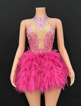 Nightclub bar female singer pink multi-color print gauze dress gogo performance dress