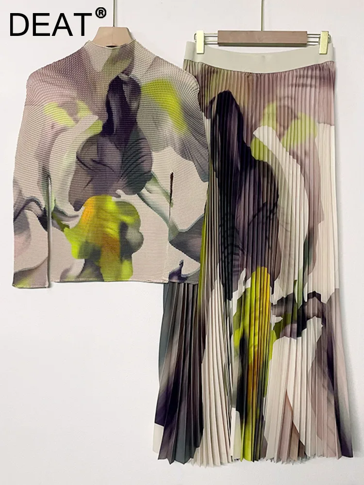 

Женский плиссированный комплект из 2 предметов DEAT, топ с коротким высоким воротником и длинным рукавом и трапециевидная юбка с эластичным поясом, повседневная одежда, 15KB1656