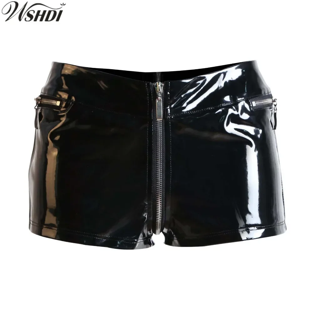 Fashion Women Sexy Vinyl PVC Latex Shorts Sexy Latex Pants Gothic Fetish Zipper Open Crotch PU Leather Shorts S-XXL