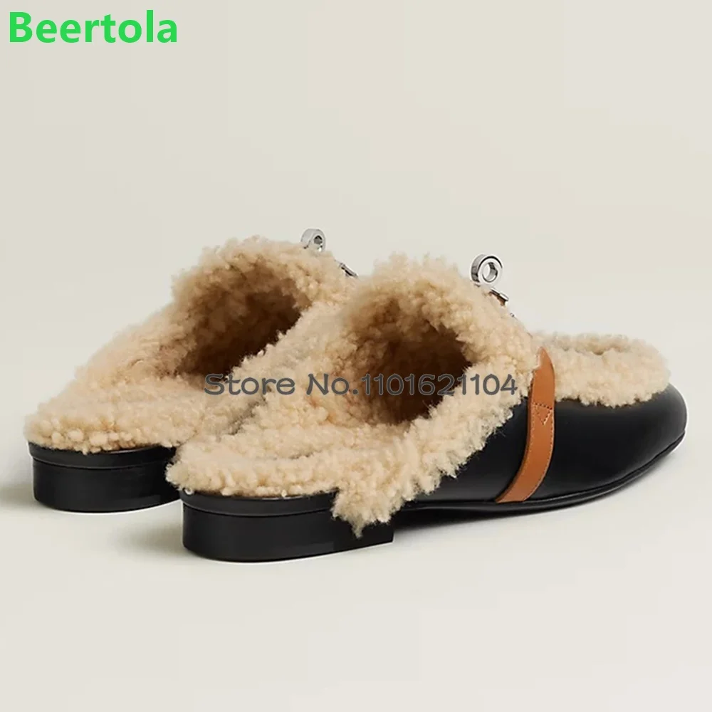 Fur Round Toe Metal Buckle Luxury Design Slippers For Female Women 2023 New Flat With Autumn And Winter Outisde Mules Shoes