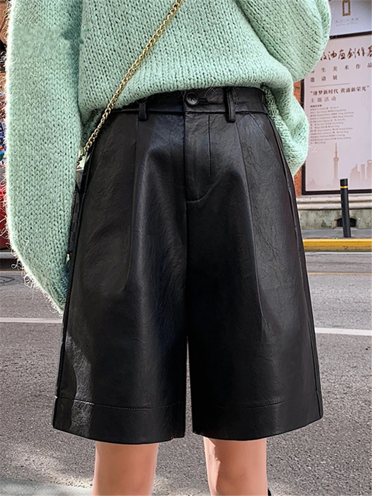Autumn Winter Green Faux PU Leather Women's Shorts High Waist Wide Leg Pants Vintage Trousers Female Pocket 2022 New