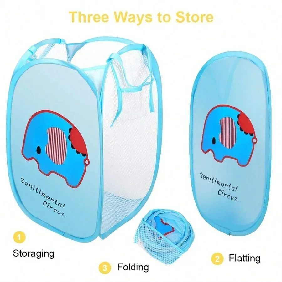 Cartoon Mesh Clothes Storage Basket Folding Pop-Up Dirty Clothes Laundry Hamper Kids Toys Bag Side Pocket