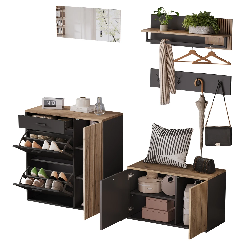 Kleiderschrank-Set, Kleiderschrank, Kommode, Schuhschränke, Kleiderschrank mit Spiegel, Hutablage und Haken, Schuhschrank mit Schuhbank – Detail 13