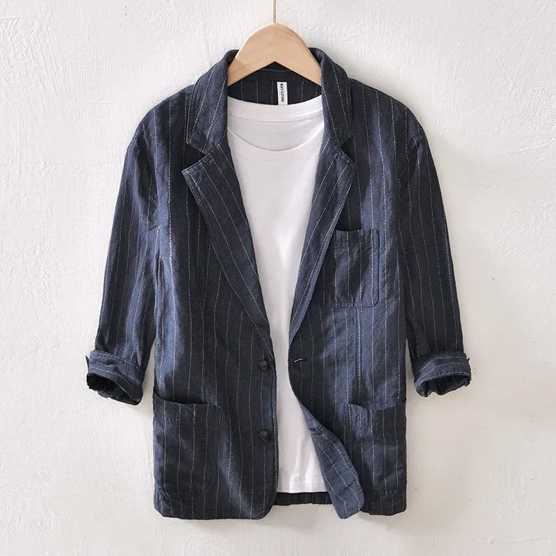 

2023 Spring and Summer New Casual Striped Contrast Color Blazers Linen and Cotton 3/4 Sleeve Safari Suits for Men Clothing V107