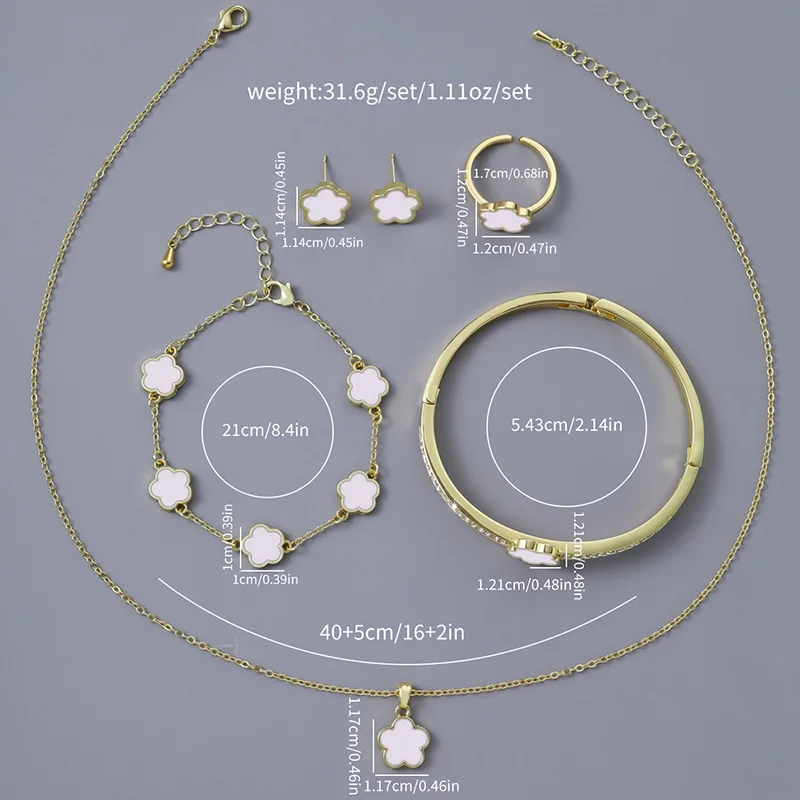 5pcs/set Luxury Quality Jewelry Sets Plum Blossom Plant Five Leaf Flower Women's Earrings Rings Bracelet Necklace Bangles Gift