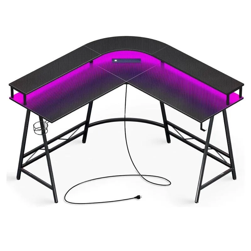 

L Shaped Desk Gaming Desk with LED Lights & Power Outlets, Computer Desk with Monitor Shelves, Home Office DesCarbon Fiber Black