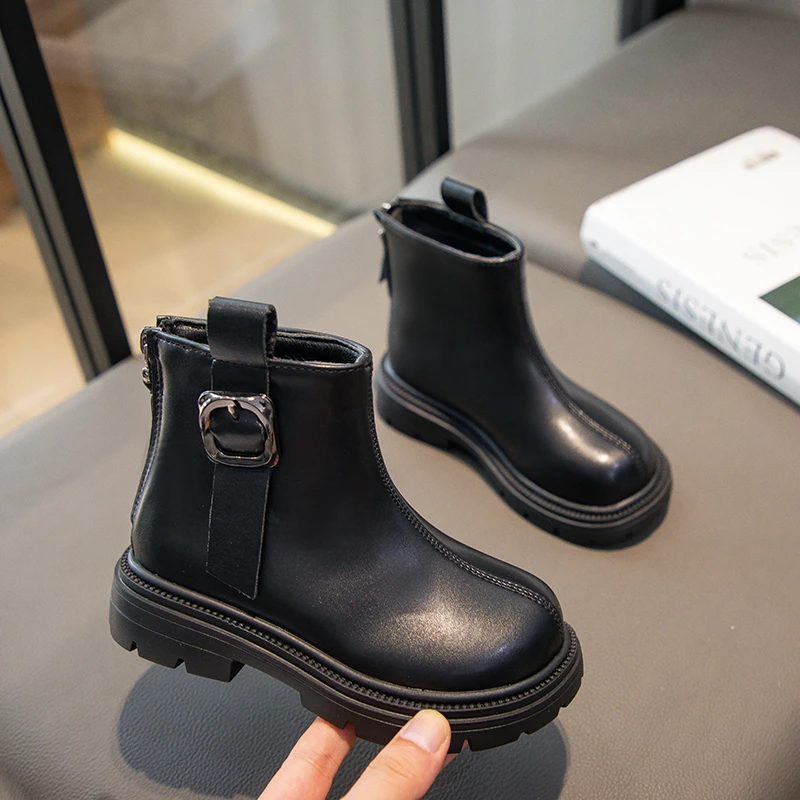 

Children Leather British Style Short Boots 2023 Spring Autumn New Girls Black Ankle Boots Solid Color Simple Boys Boots Fashion