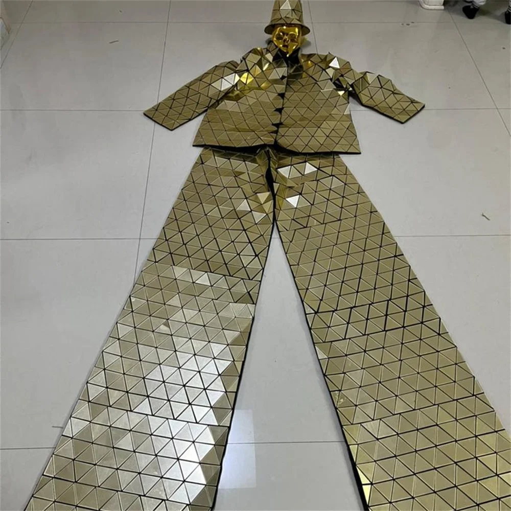 

Cool New Design Acrylic Triangle Mirror Man Stilts Robot Costumes DJ Bar Mirrors Performance Hat Mask Showing Shoes Props