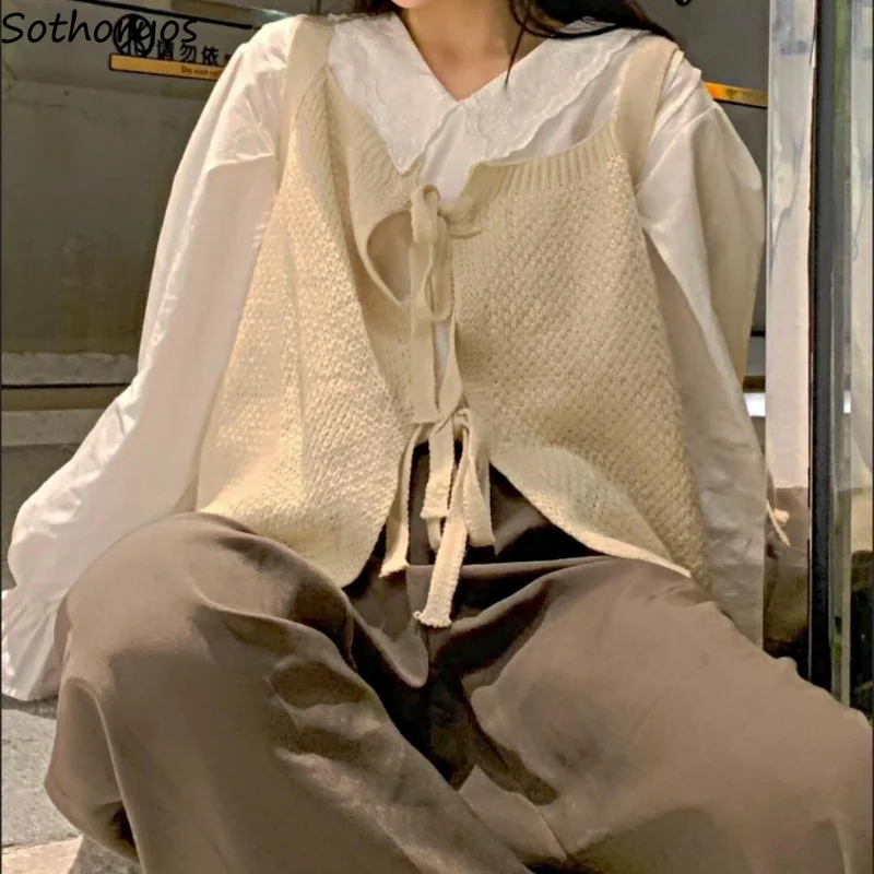 

Свитер, жилеты на шнуровке, Свободные повседневные Простые однотонные вязаные универсальные удобные базовые Джемперы в Корейском стиле для студентов, осенний модный досуг