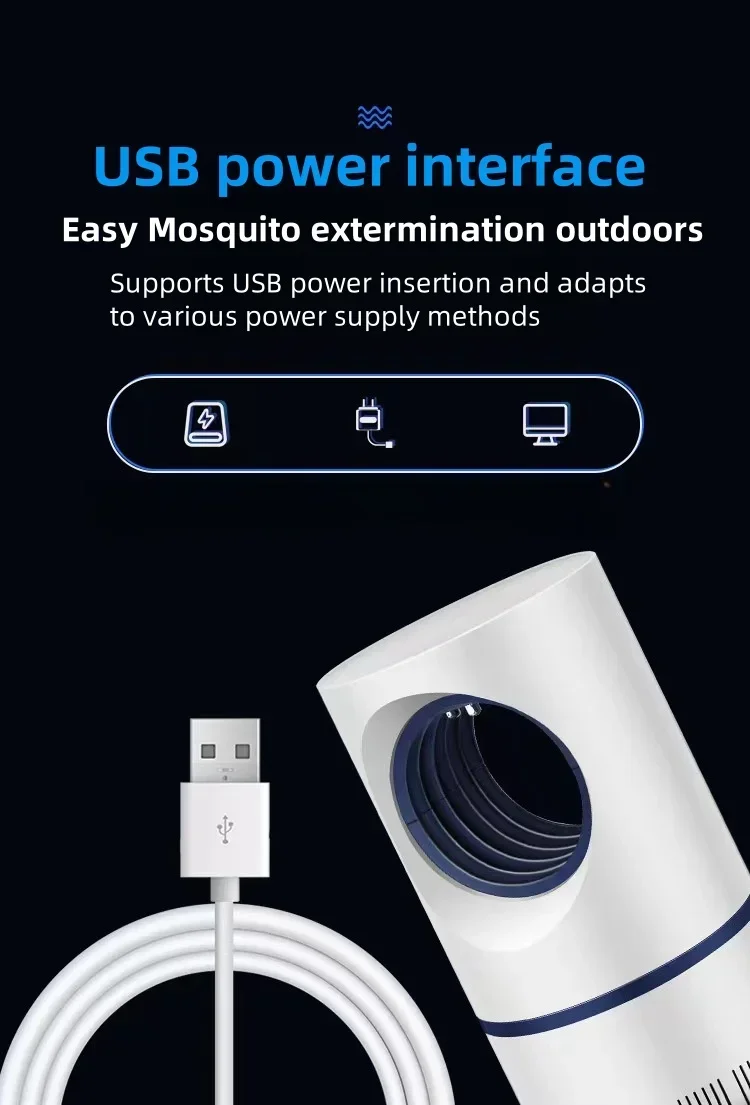 The NEW Indoor Electric Mosquito Trap is displayed, featuring a sleek cylindrical design and USB power supply. The image emphasizes its suitability for outdoor use and versatility with various power sources. Included in the foreground is a USB cable for added convenience.