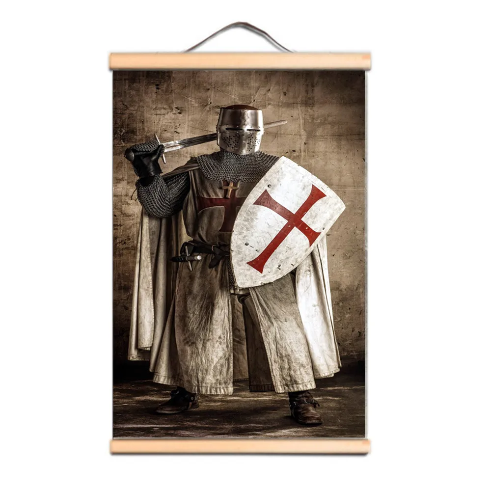 

Vintage Knights Templar Wall Art Posters Crusades Armor Warrior Wall Hanging Scroll Painting with Solid Wood Axis Best Gift C3