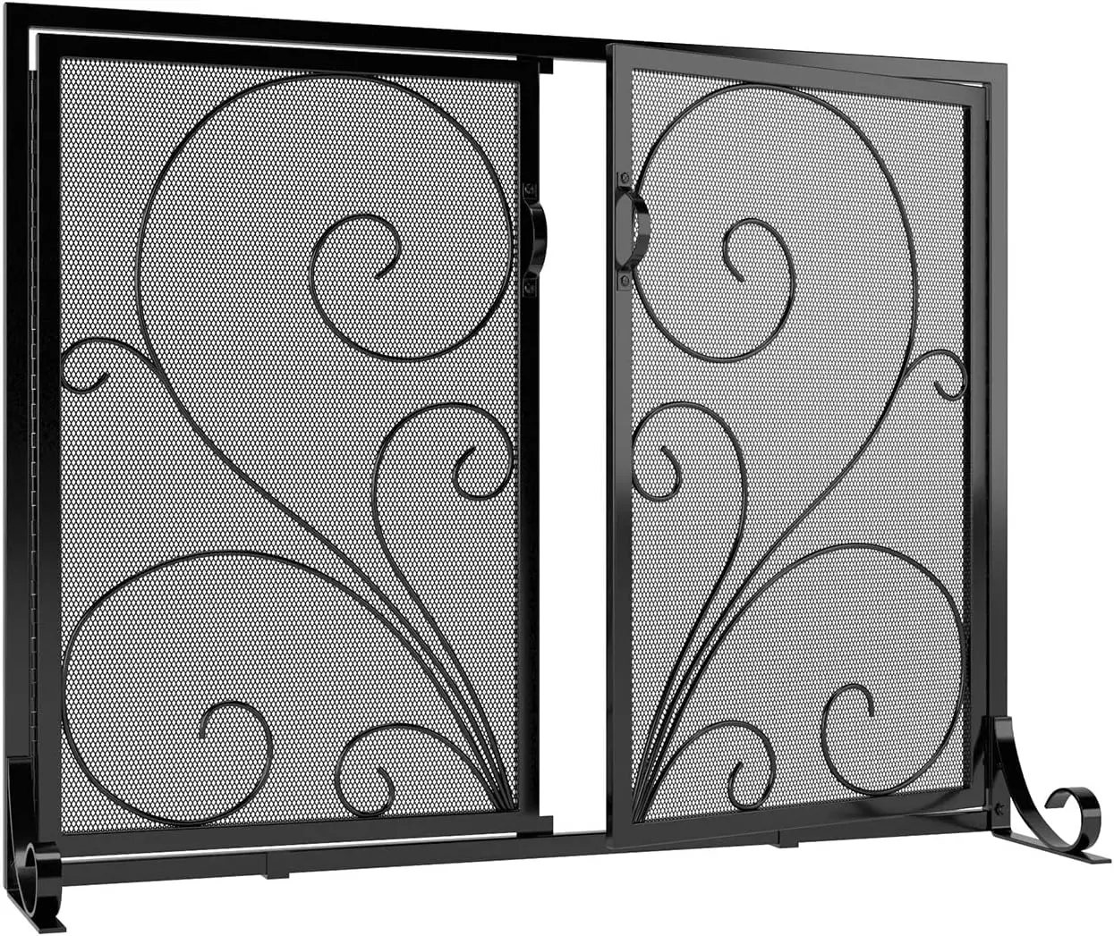 

Fireplace Screen with Doors,Solid Wrought Iron Frame with Metal Mesh, Flat Panel Decorative Fireplace Screen with Scroll Design,
