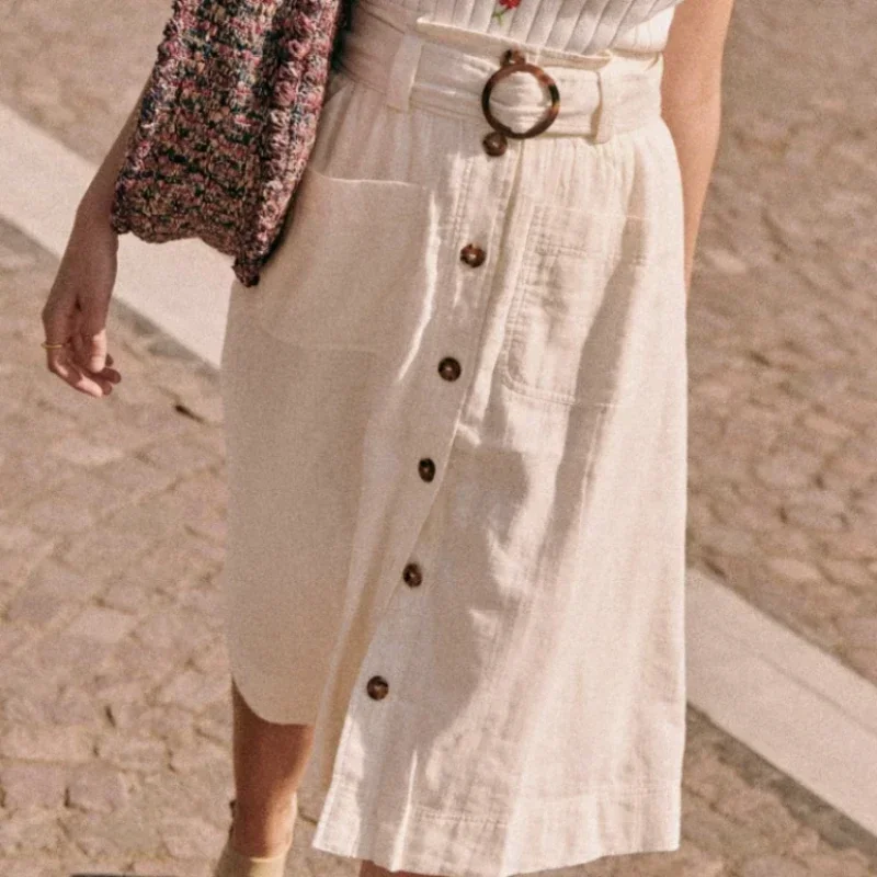 

Женская однобортная Юбка До Колена, Однотонная юбка из хлопчатобумажной пряжи с высокой талией, весна-лето