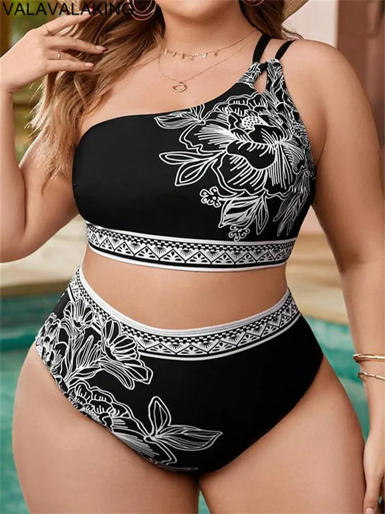 2025 Print One-shoulder Two Piece Plus Size Bikini Women High Waist Large Swimsuit Lady Chubby Swimwear Beach Curvy Bathing Suit 5