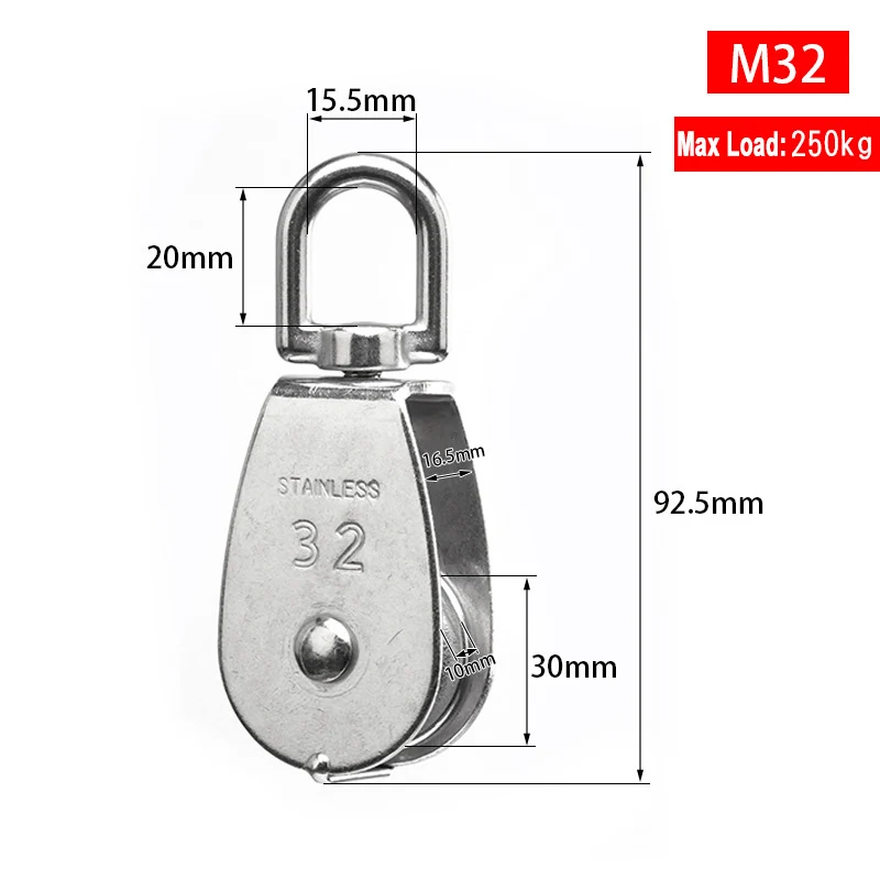 1PC M32 단일 풀리 블록 304 스테인레스 스틸 M15 M20 M25 M50 단일 휠 회전 리프팅 로프 풀리 세트 리프팅 휠 도구