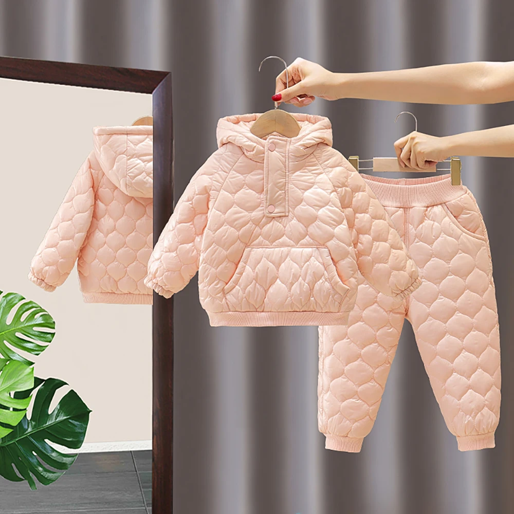 

Winter Thick Warm Children Clothes Sets Korean Casual Cotton Padded Hooded Pullover Kids Girls Coats+Pants 2Pcs Outfit Suit