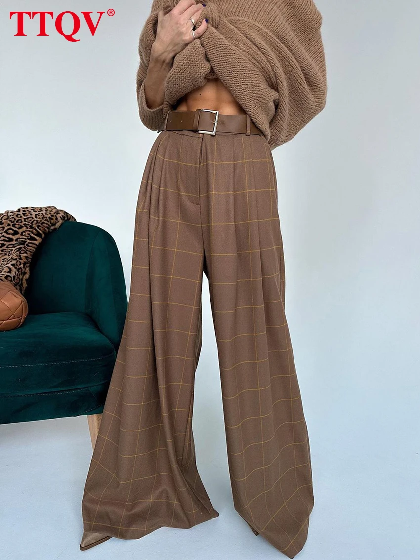 TTQV Fashion Brown Print Women'S Pants 2023 Casual High Waisted Loose