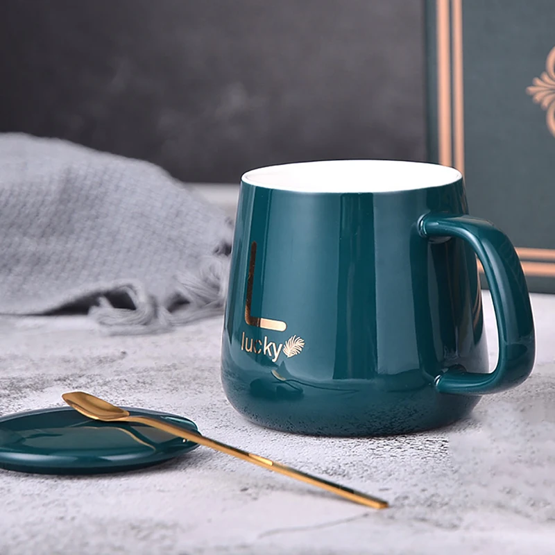 USB Ceramics Coffee Mug 380ml Home Office Drink Cup with Handle Simple Printed Student Milk Insulated Water Cups with Lid Spoon,ceramics coffee mug