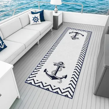 Tappeto con Ancora e Bussola Nautica, Tappeto Antiscivolo a Tema Marino per Ponte di Yacht e Soggiorno, Arredamento Costiero per la Casa