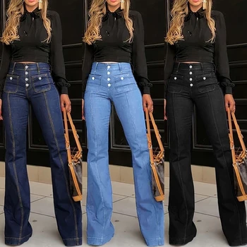 High Waisted Slimming Buckle Jeans 2026 New Women's Flared Pants Temperament Slim Fit High Waist Jeans