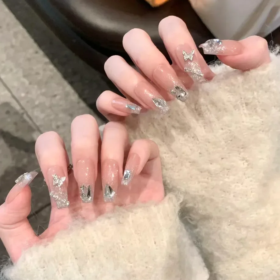 24Pcs 핑크 발레 가짜 손톱 전체 커버 네일 팁 라인 석 체인 디자인과 긴 발레 거짓 손톱 손톱에 착용 할 수있는 프레스